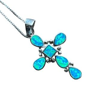 Signed Sterling Silver Blue Fire Opal Inlay Cross Pendant w Italian Chain